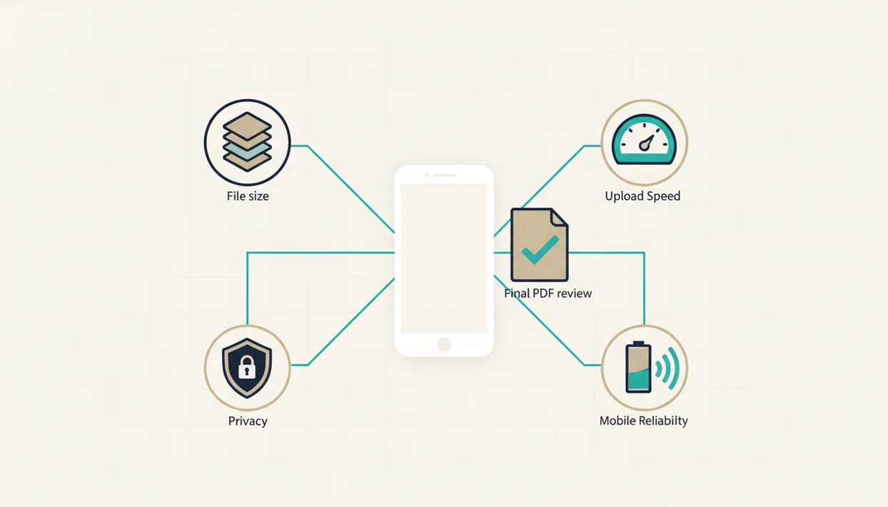 A simple diagram links a phone to icons for file size, privacy, speed, reliability, and review.