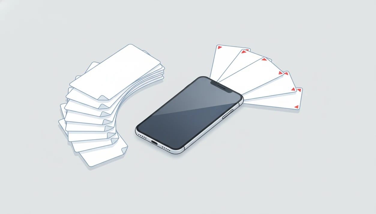 A smartphone converts a stack of Word-style documents into multiple clean PDF-style files.