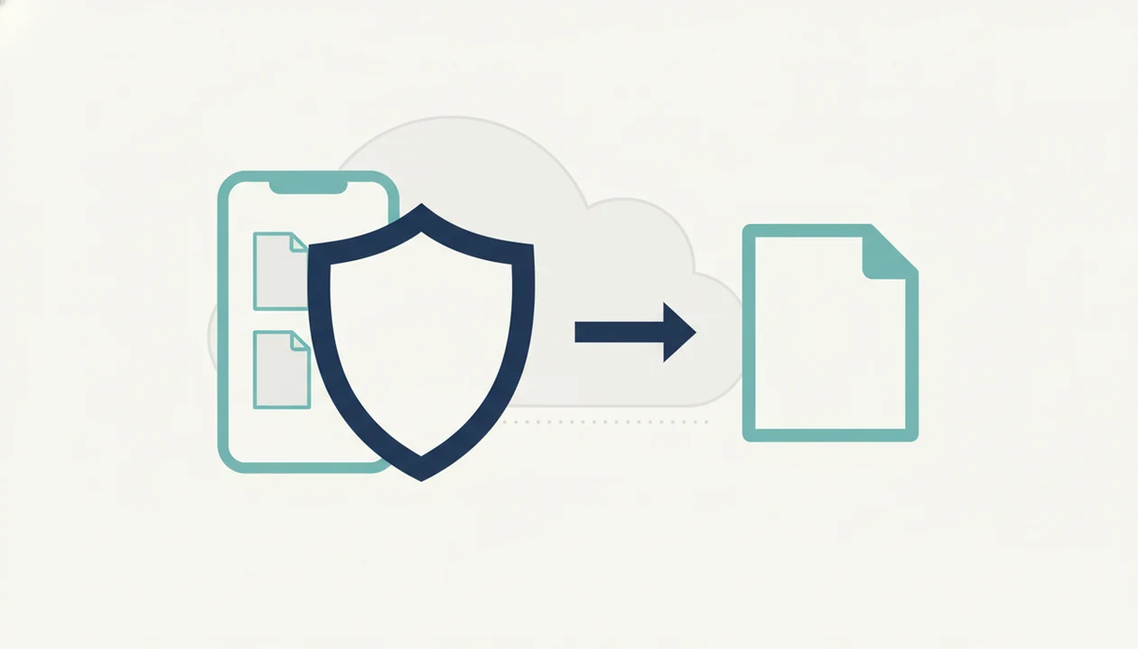A simple diagram shows files converting inside a protected phone instead of going to the cloud.