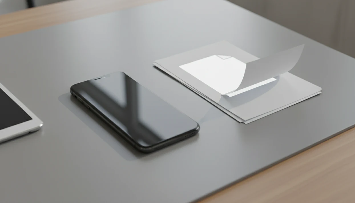 A smartphone and neat document pages on a desk suggest converting a Word file into a shareable PDF.