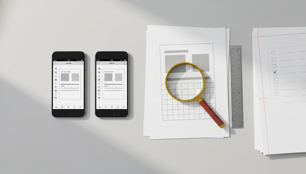 Phones and printed pages are arranged for checking a converted PDF’s layout, links, margins, and images.