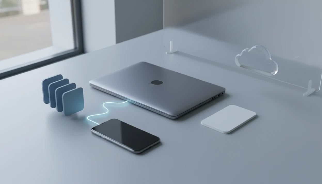 A phone and laptop convert a document locally while a cloud sits separated behind glass.