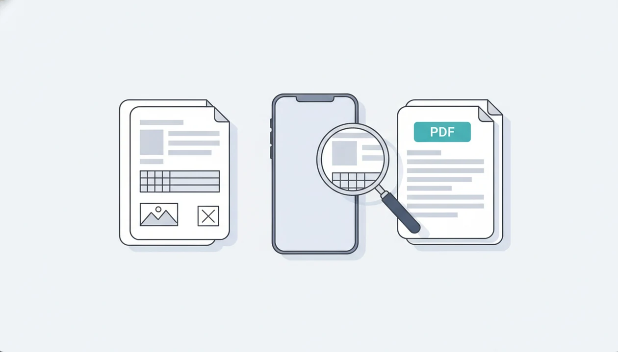 A phone sits between matching document stacks, with a magnifying glass checking conversion accuracy.