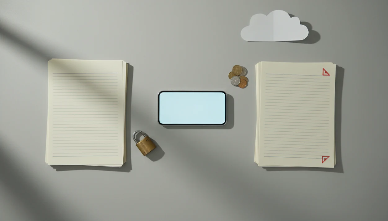 A phone, document stacks, coins, a lock, and a cloud cutout represent mobile Word to PDF app tradeoffs.