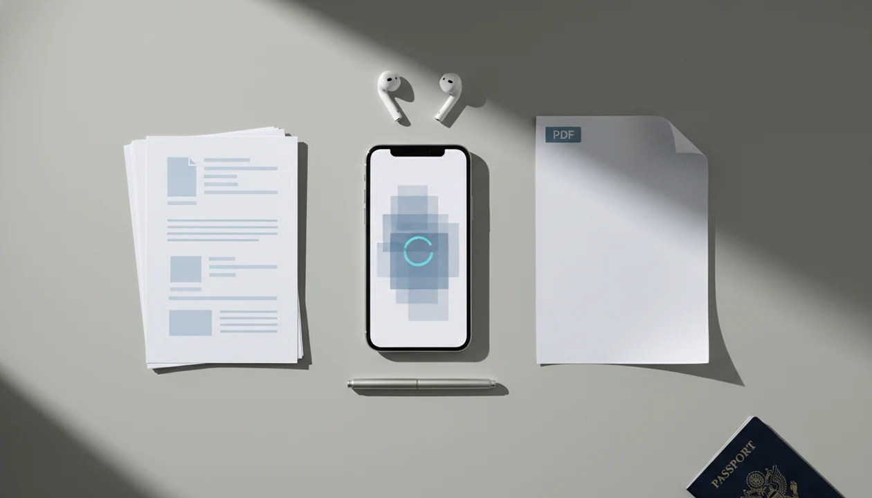 A phone sits between loose document pages and a finished PDF-style page on a clean desk.