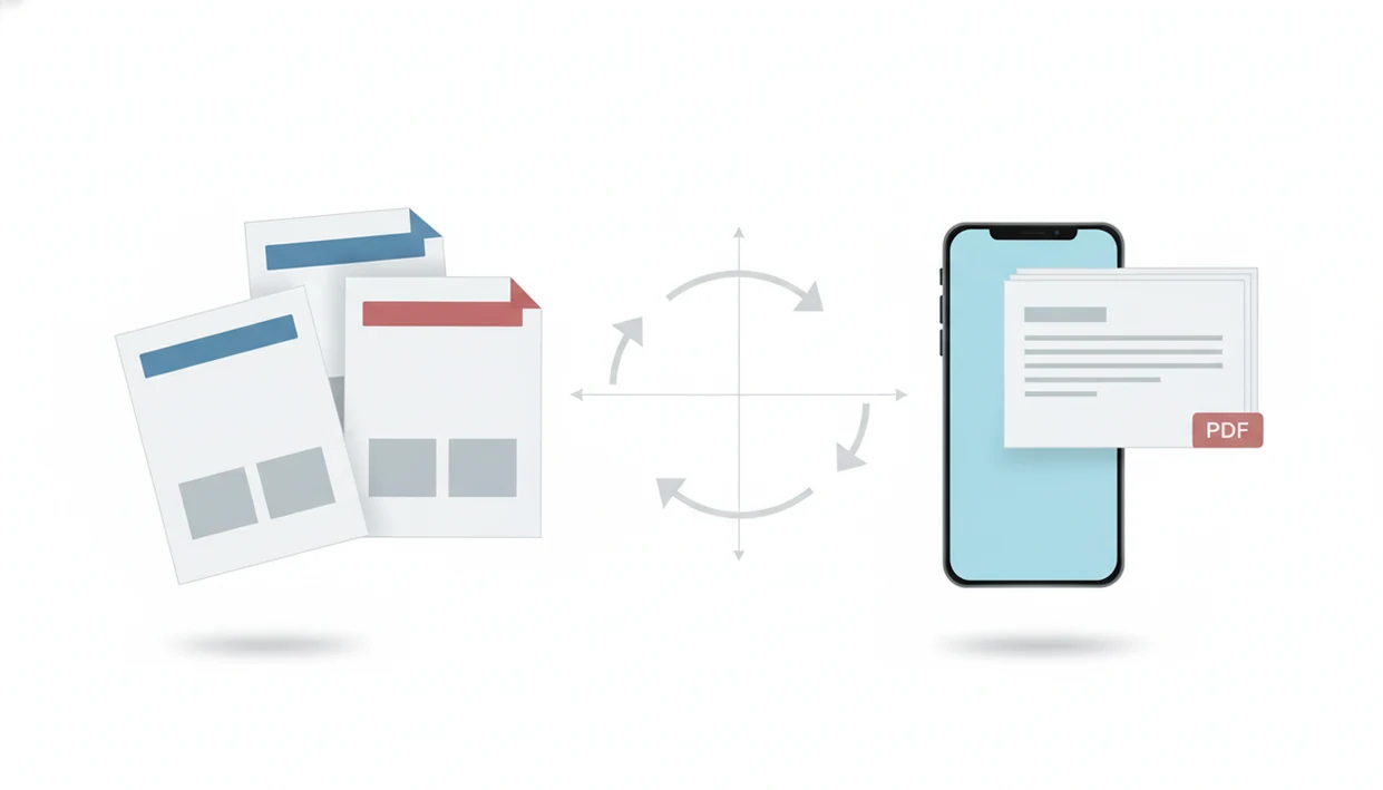 Generic document pages are reordered and combined into one final file beside a smartphone.