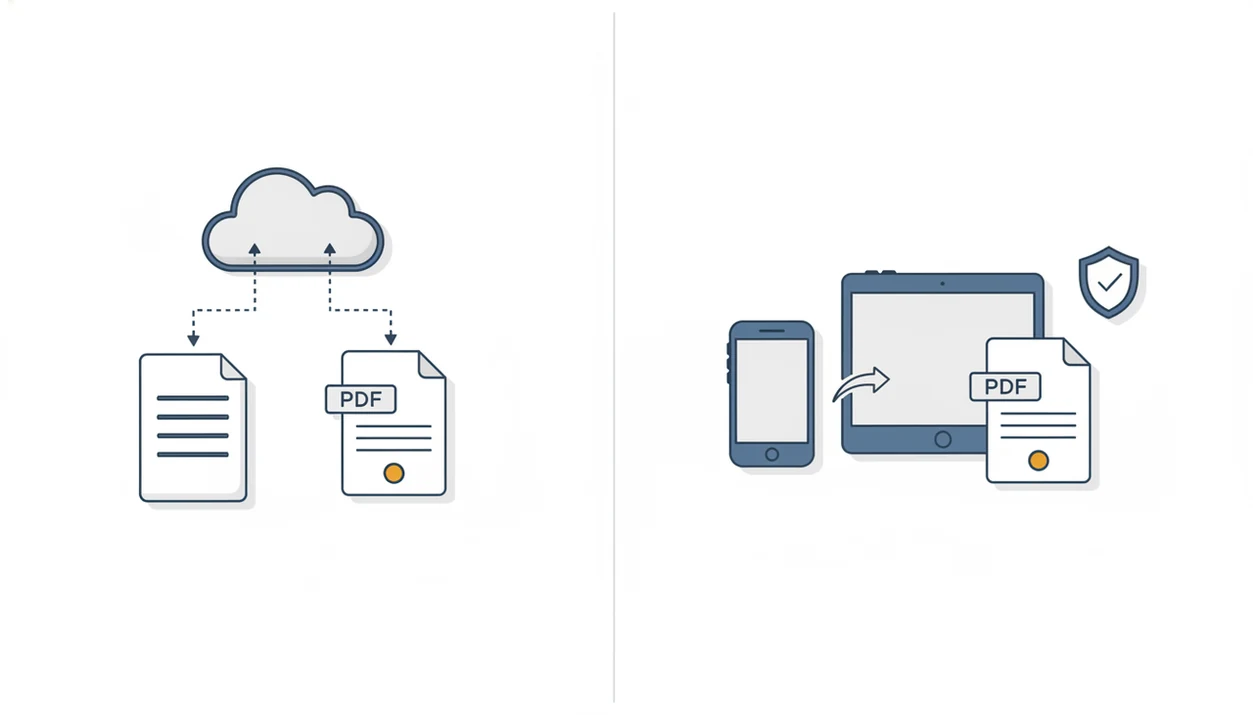 Split illustration comparing cloud upload conversion with secure on-device Word to PDF conversion.