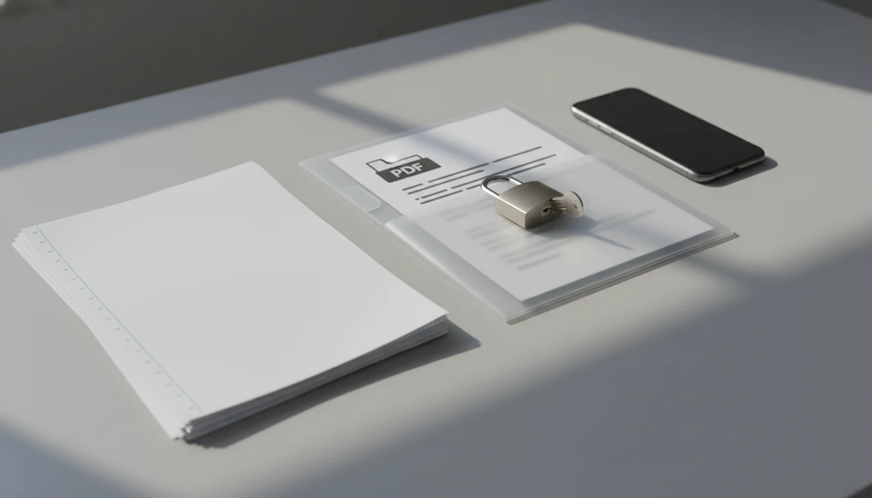 A converted document sits in a frosted folder secured by a padlock beside a smartphone.