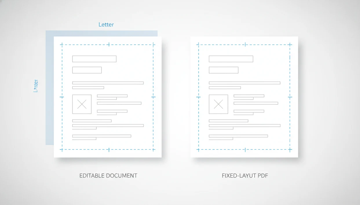 Two document pages with matching margin guides show a Word layout preserved as a PDF.