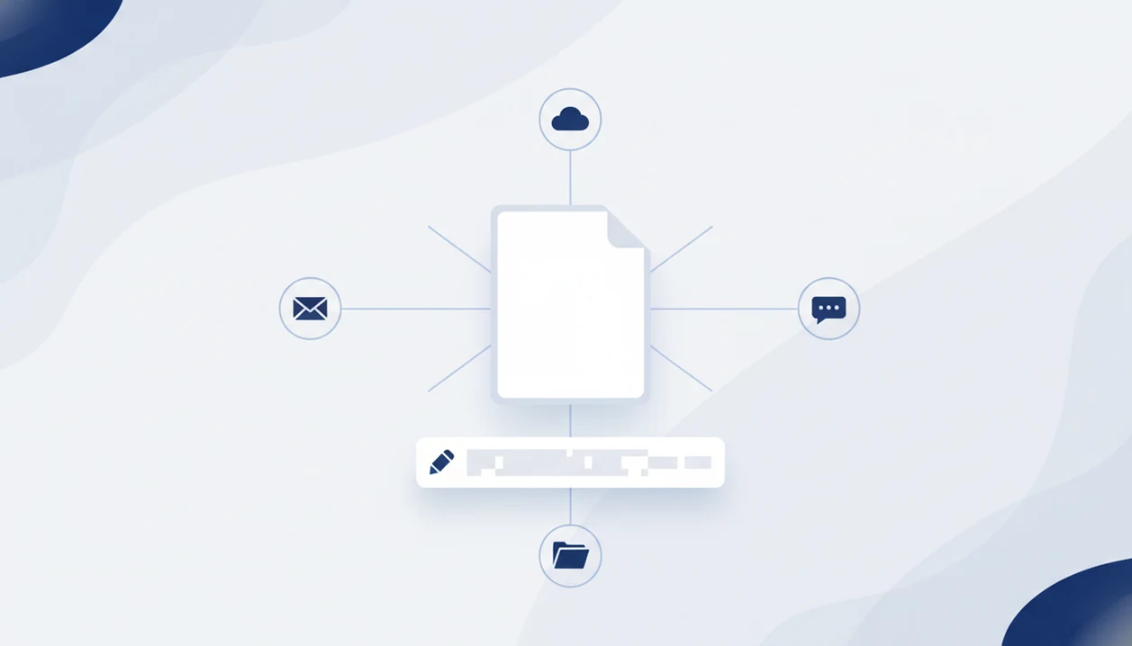 A clean illustration shows a renamed PDF file ready to be shared to mobile destinations.