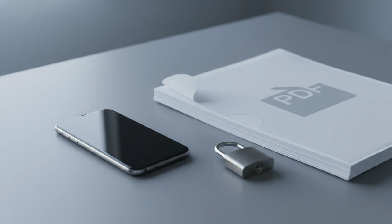 A smartphone, blank documents, and a small padlock arranged to suggest private Word to PDF conversion.