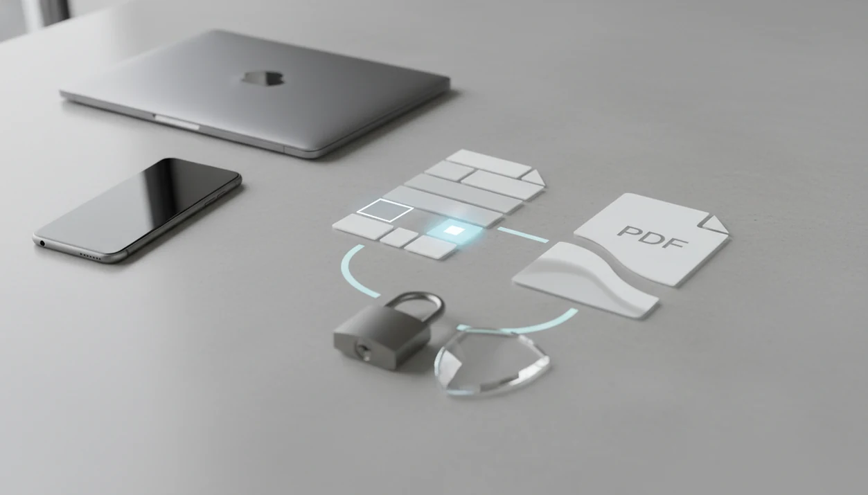 A secure document conversion still life with a phone, files, lock, shield, and subtle cloud reflection.