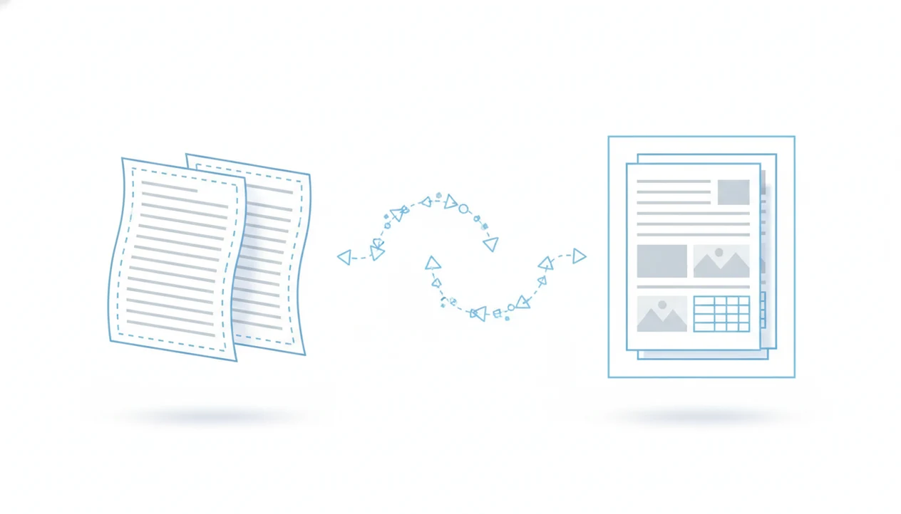An illustration shows editable document pages becoming a fixed, neatly arranged PDF page stack.