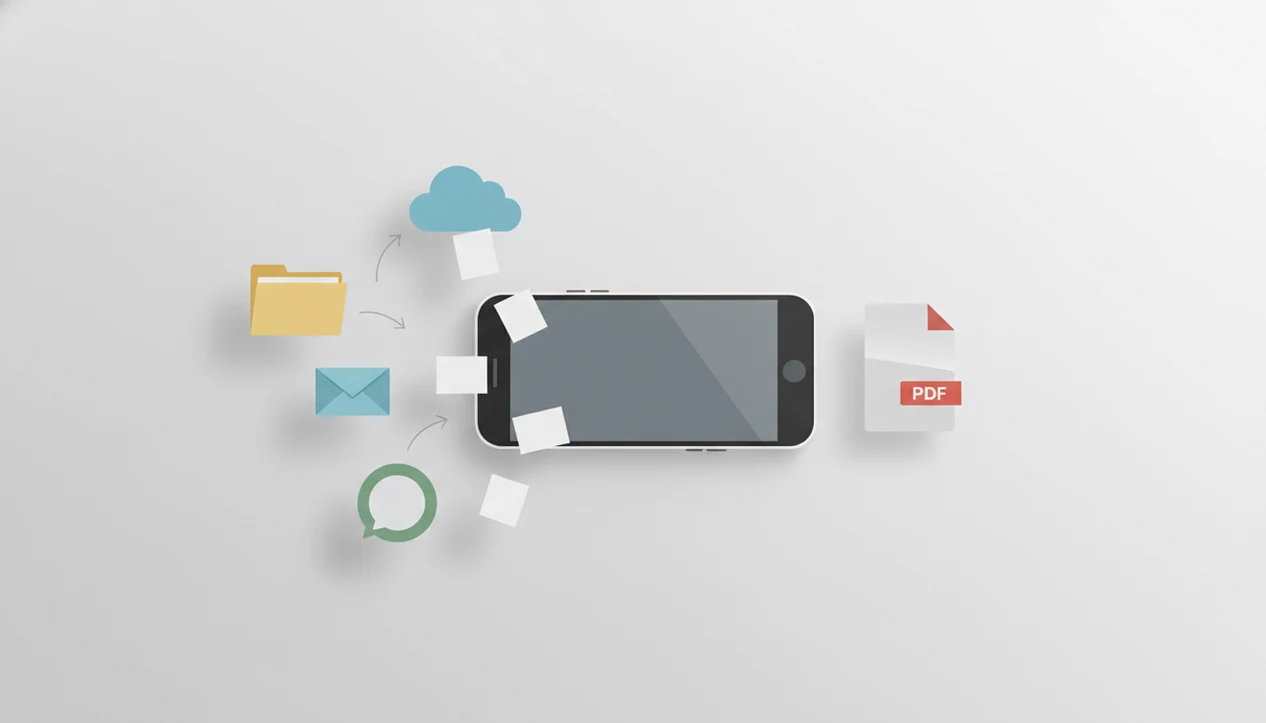 An Android phone converts blank document sheets from files, cloud, email, and chat into a finished PDF.