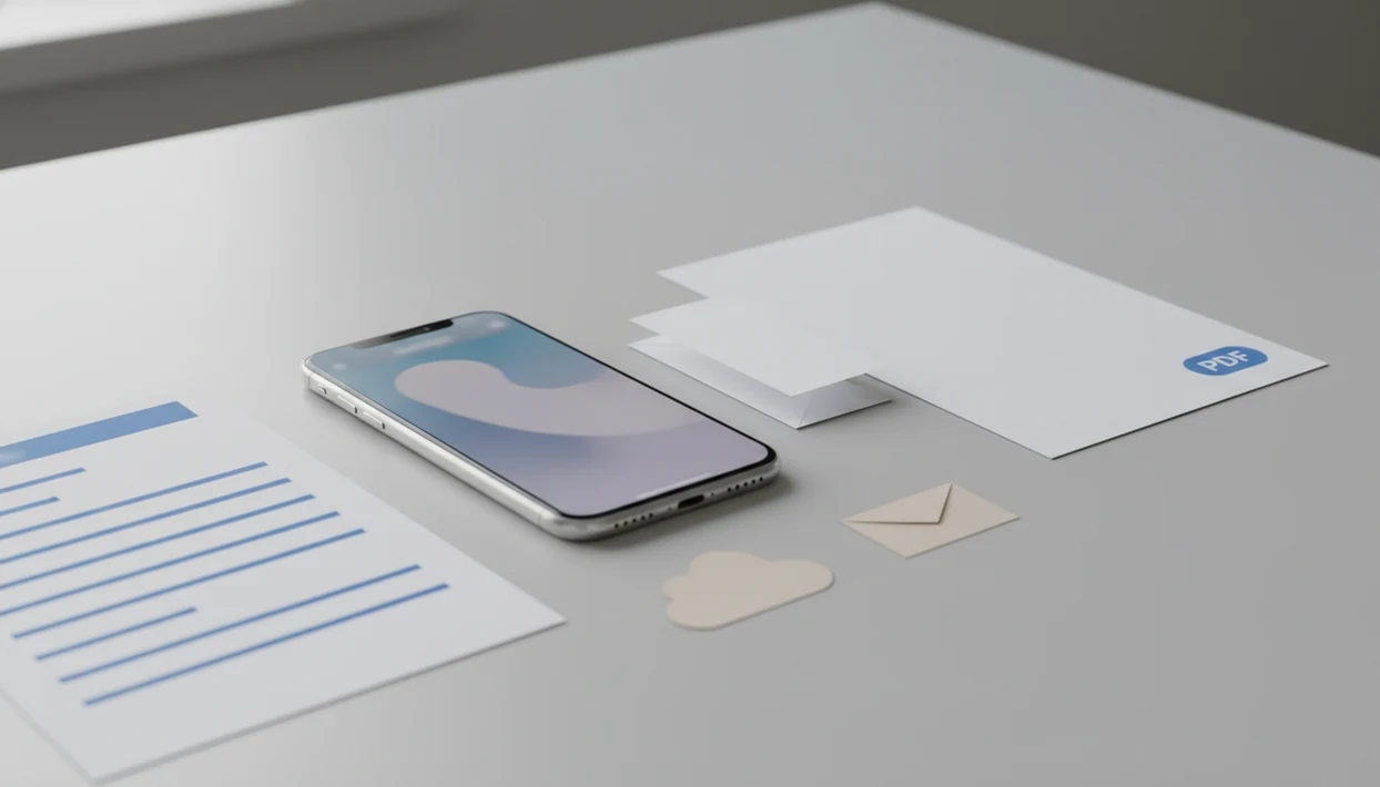 An iPhone on a desk surrounded by document, cloud, and mail shapes suggesting Word to PDF conversion.