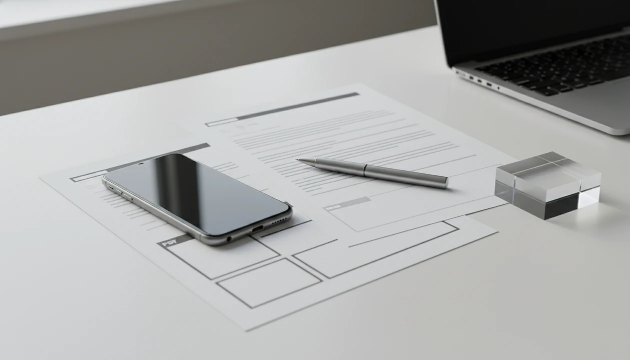 A phone and clean document pages on a desk suggest converting Word files into unbranded PDFs.