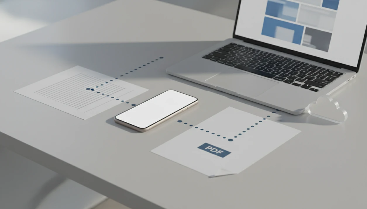 A phone, laptop, document sheets, and cloud symbol compare app and browser Word to PDF conversion.