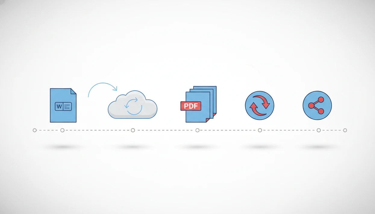 A clean timeline illustration shows a DOCX file becoming a compressed, shareable PDF.
