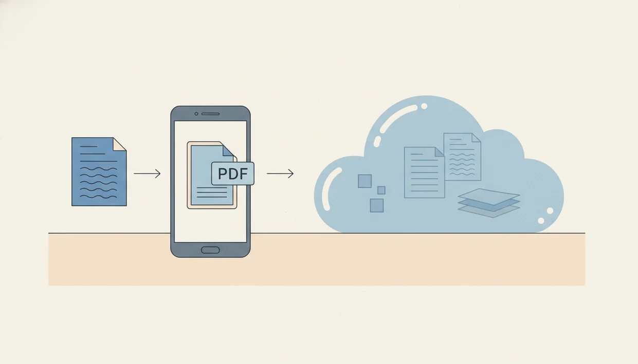 A phone and cloud storage illustration shows document copies fading through a conversion retention workflow.