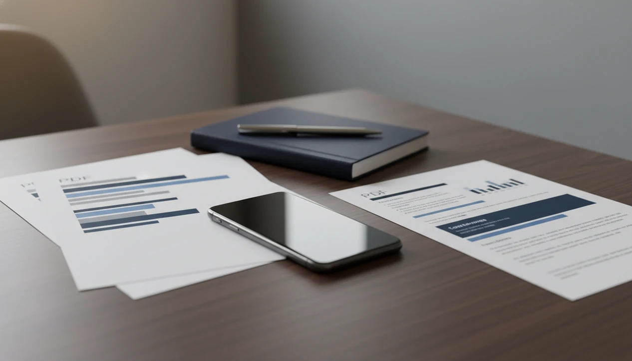 A smartphone and business documents on a desk suggest converting client-ready Word files to PDF.