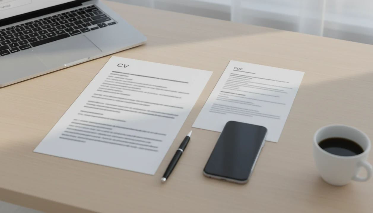 A phone, CV pages, and a blank upload screen arranged on a tidy desk for job application filing.