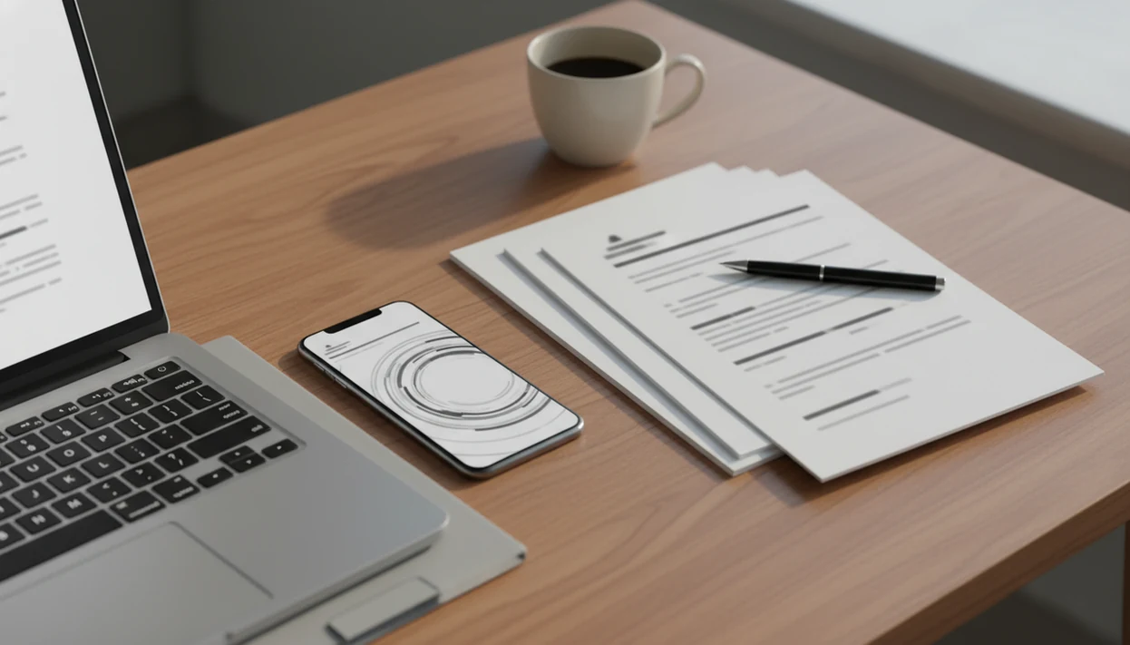 A freelancer desk with a phone, laptop, and polished proposal pages ready to send as a PDF.