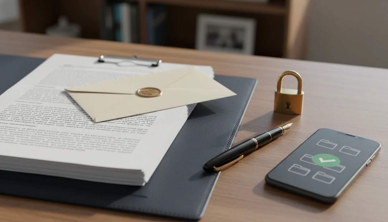 A legal document stack, phone, pen, and lock paperweight arranged for careful Word to PDF preparation.