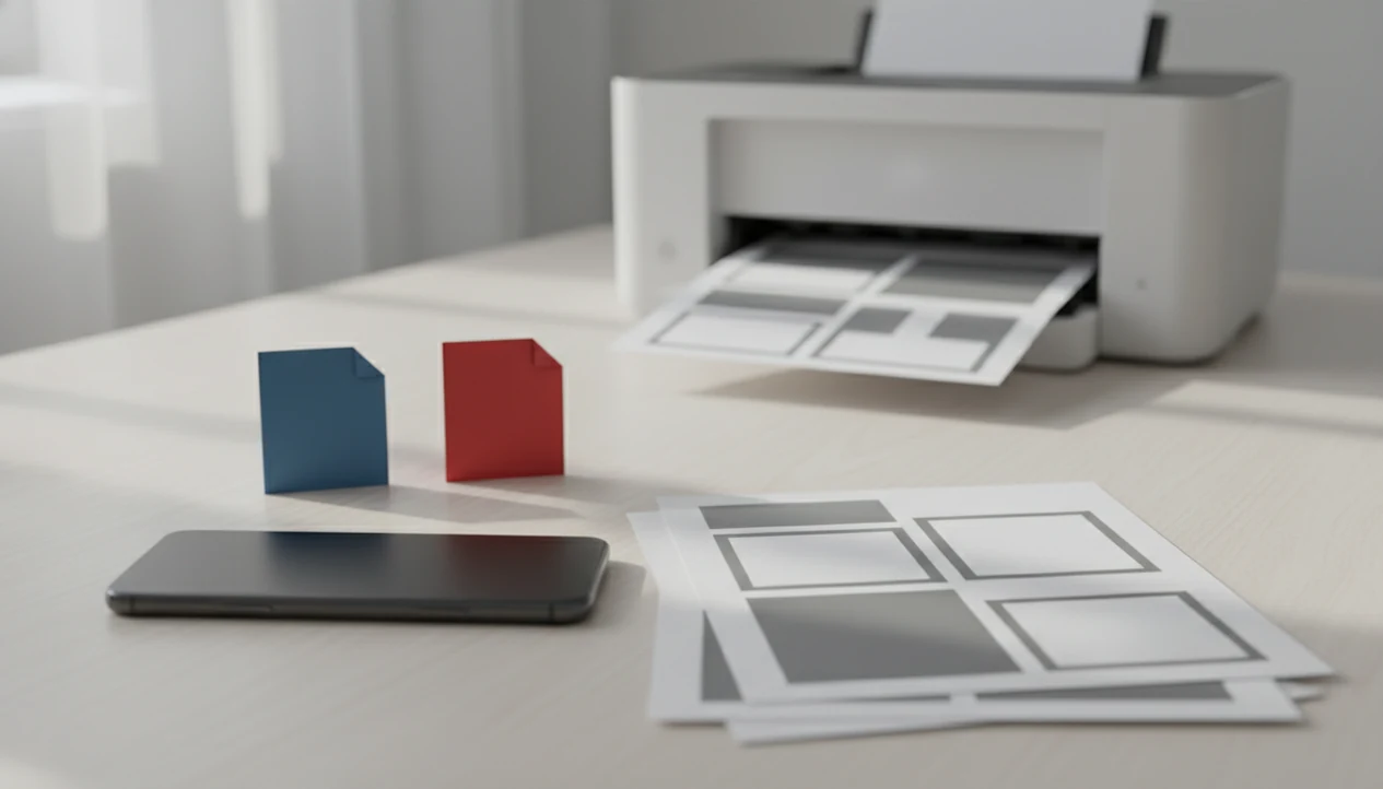 A smartphone, printed pages, and a printer suggest checking a converted PDF before printing.