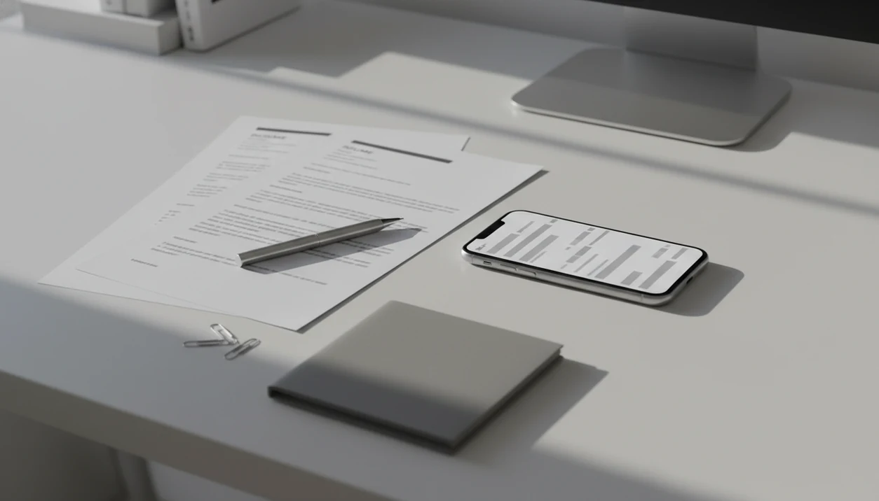 A phone previews a clean PDF resume beside printed resume pages on a tidy desk.