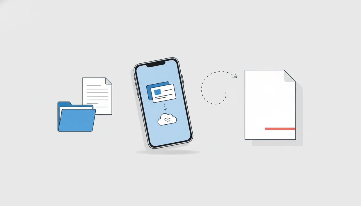 A phone, cloud folder, and finished document illustrate converting a Drive Word file to PDF.
