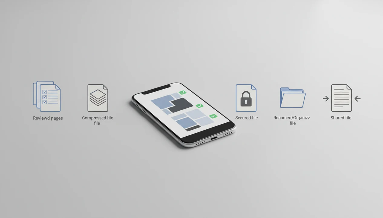 A smartphone surrounded by abstract PDF workflow steps for reviewing, securing, organizing, and sharing a file.